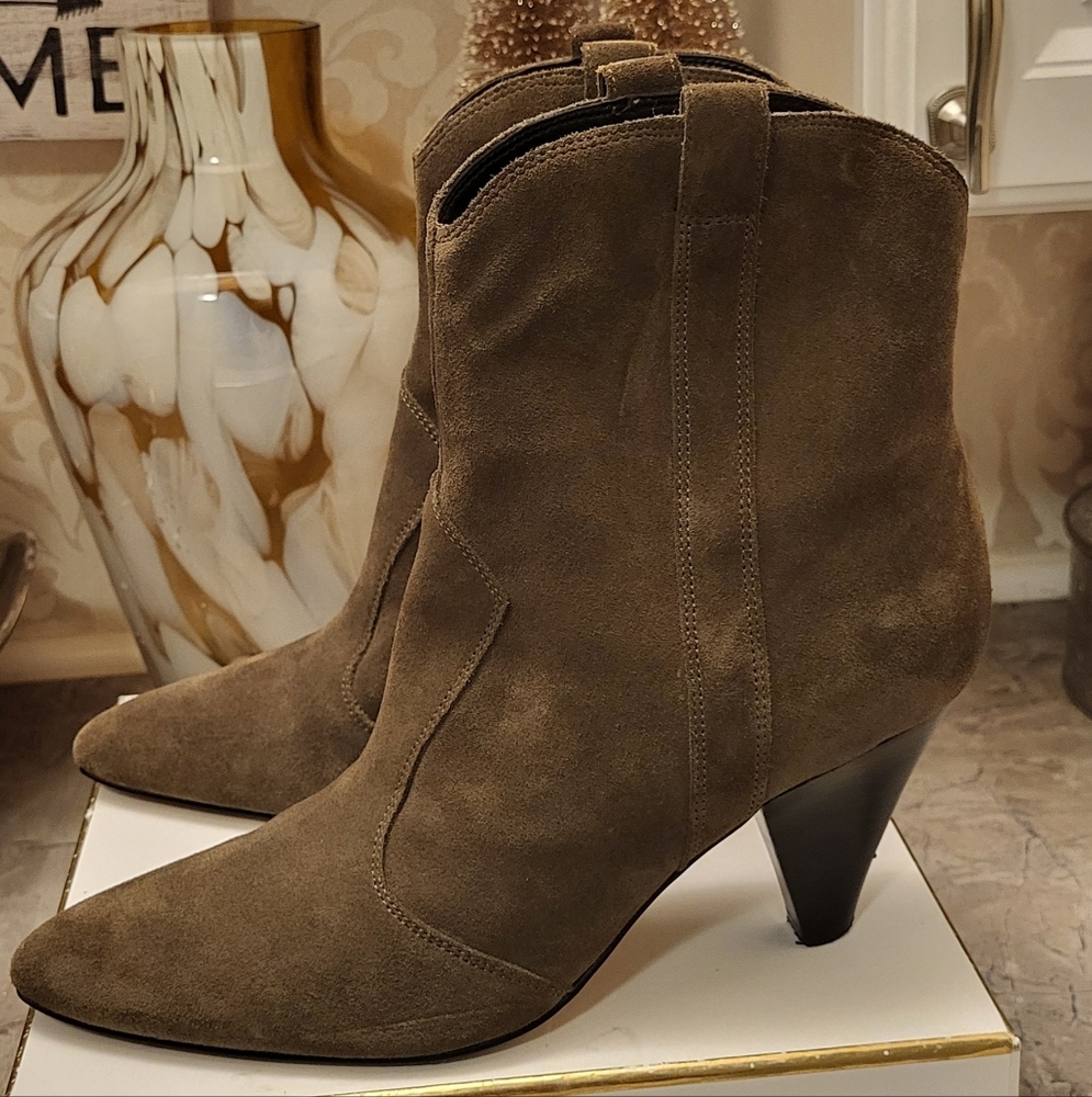 Marc Fisher Carissa Dark Olive Suede Western Heeled Ankle Boots